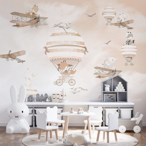 Papier peint panoramique Enfants - Animaux Montgolfières