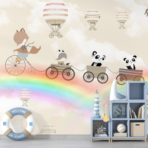 Papier peint panoramique Enfants - Animaux Montgolfières