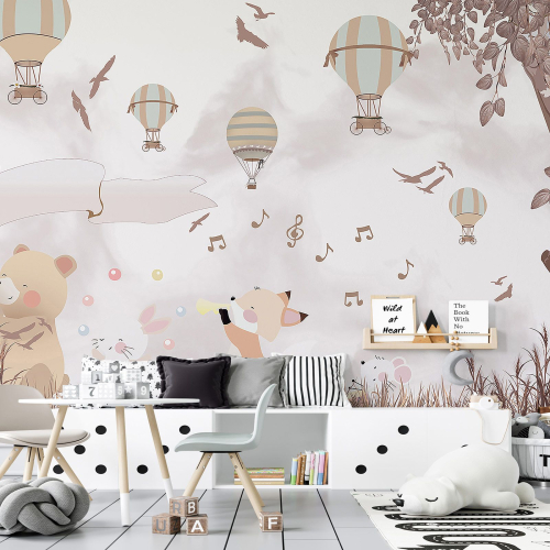 Papier peint panoramique Enfants - Animaux Montgolfières