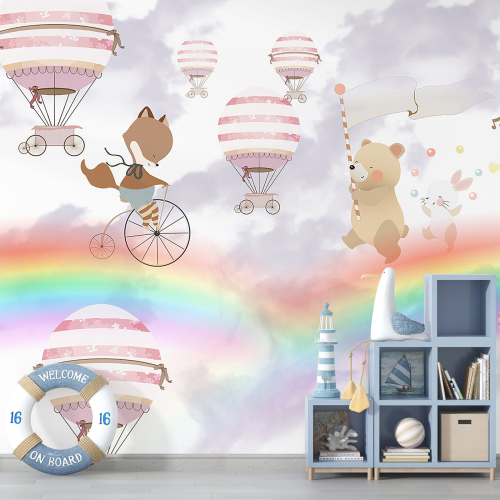 Papier peint panoramique Enfants - Animaux Montgolfières