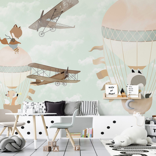 Papier peint panoramique Enfants - Animaux Montgolfières