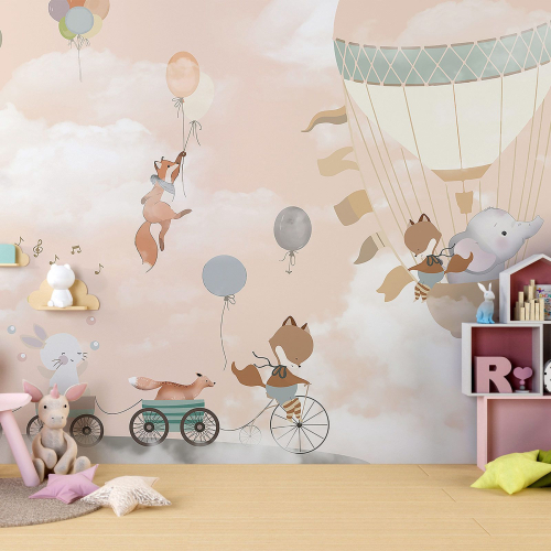 Papier peint panoramique Enfants - Animaux Montgolfières