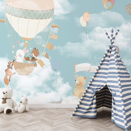 Papier peint panoramique Enfants - Animaux Montgolfières