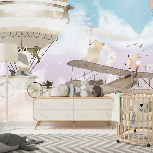 Papier peint panoramique Enfants - Animaux Montgolfières
