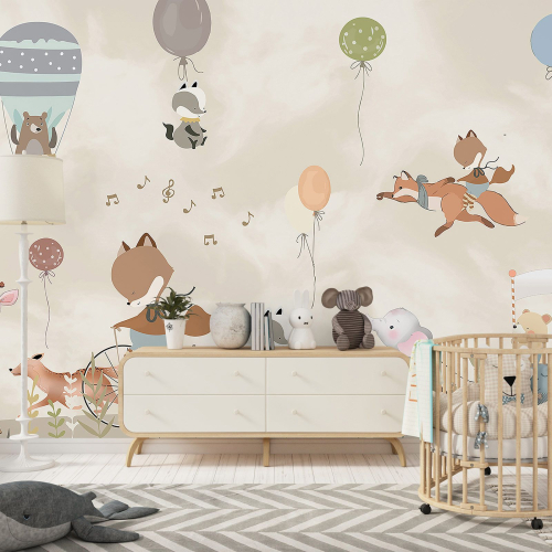 Papier peint panoramique Enfants - Animaux Montgolfières