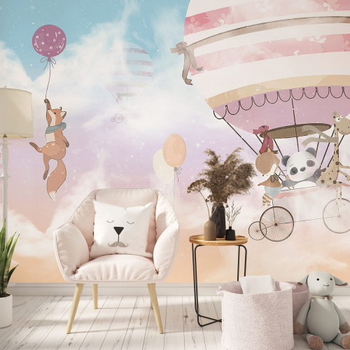 Papier peint panoramique Enfants - Animaux Montgolfières