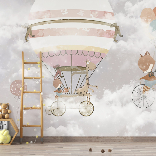 Papier peint panoramique Enfants - Animaux Montgolfières