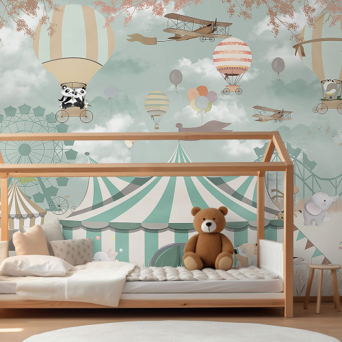 Papier peint panoramique Enfants - Animaux Montgolfières