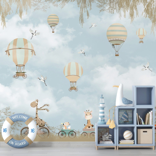 Papier peint panoramique Enfants - Animaux Montgolfières