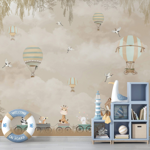 Papier peint panoramique Enfants - Animaux Montgolfières