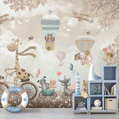 Papier peint panoramique Enfants - Animaux Montgolfières