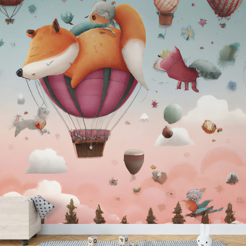 Papier peint panoramique Enfants - Animaux Montgolfières