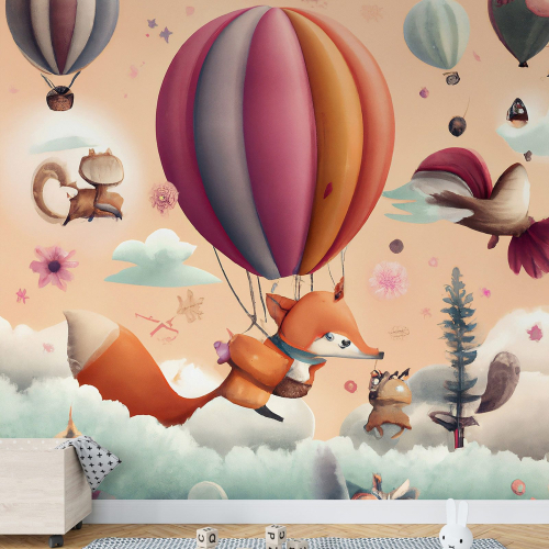 Papier peint panoramique Enfants - Animaux Montgolfières