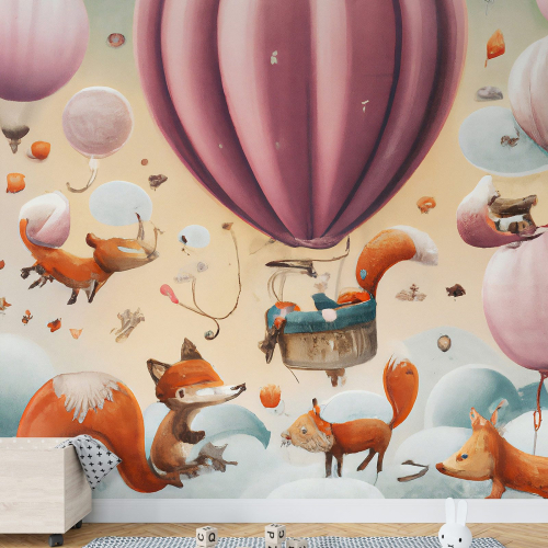 Papier peint panoramique Enfants - Animaux Montgolfières