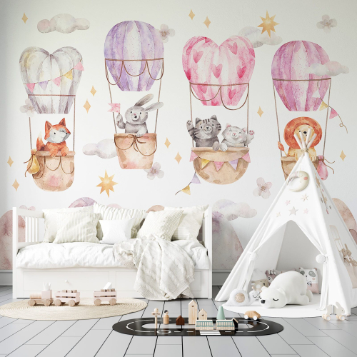 Papier peint panoramique Enfants - Animaux Montgolfières
