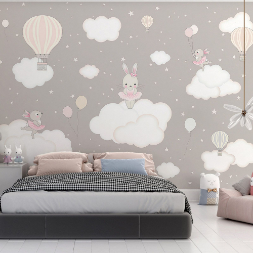 Papier peint panoramique Enfants - Animaux Montgolfières