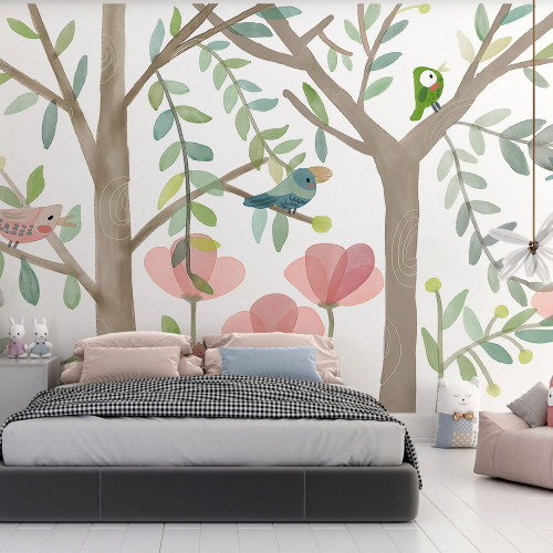 Papier peint panoramique Enfants - Arbres Oiseaux
