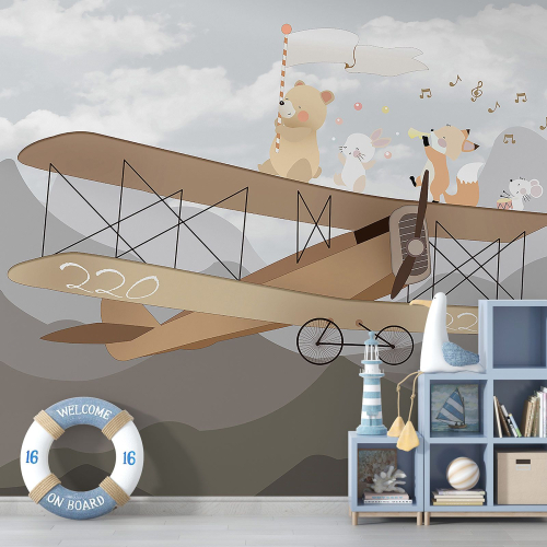 Papier peint panoramique Enfants - Avion Animaux