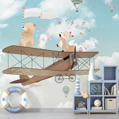 Papier peint panoramique Enfants - Avion Animaux