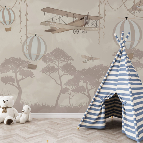 Papier peint panoramique Enfants - Avion Montgolfières