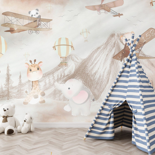 Papier peint panoramique Enfants - Avions Animaux
