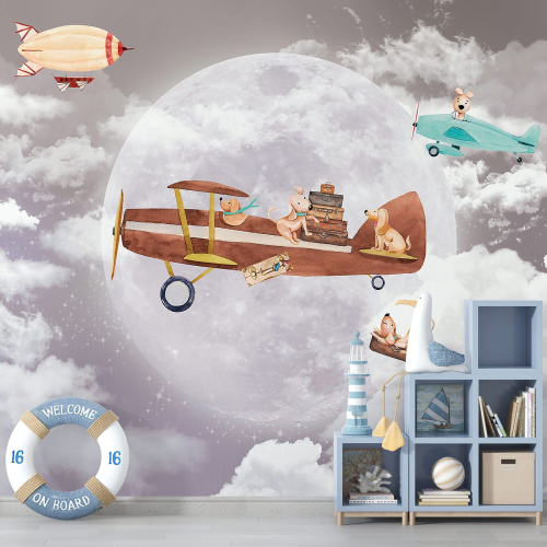 Papier peint panoramique Enfants - Avions Lune