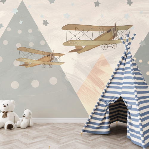 Papier peint panoramique Enfants - Avions Montagnes