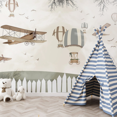 Papier peint panoramique Enfants - Avions Montgolfières