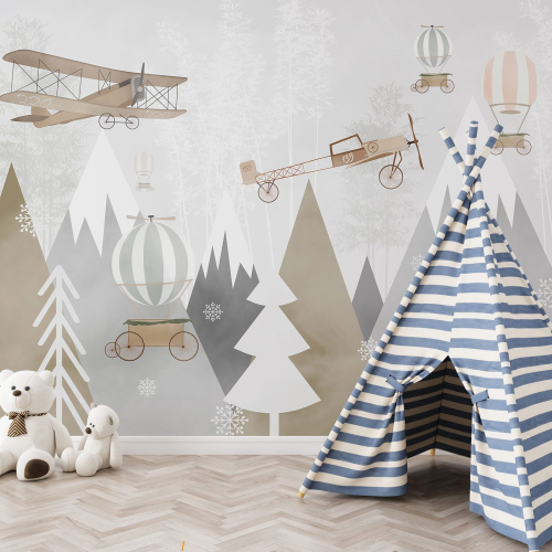 Papier peint panoramique Enfants - Avions Montgolfières