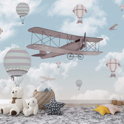 Papier peint panoramique Enfants - Avions Montgolfières
