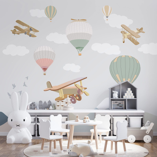Papier peint panoramique Enfants - Avions Montgolfières