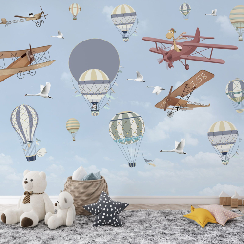 Papier peint panoramique Enfants - Avions Montgolfières