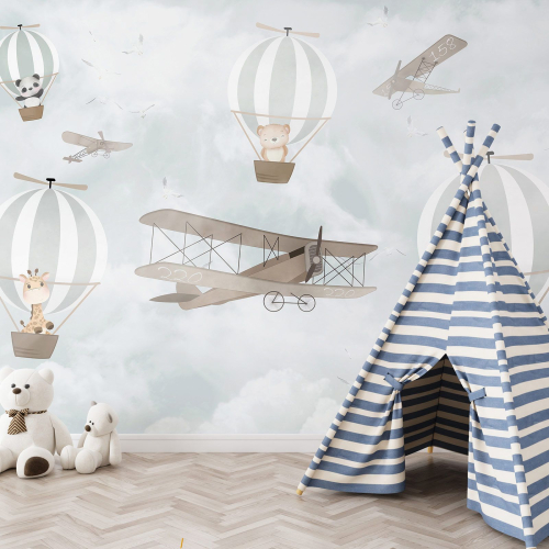 Papier peint panoramique Enfants - Avions Montgolfières