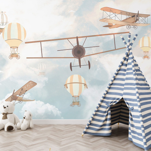 Papier peint panoramique Enfants - Avions Montgolfières