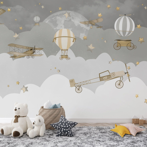 Papier peint panoramique Enfants - Avions Montgolfières