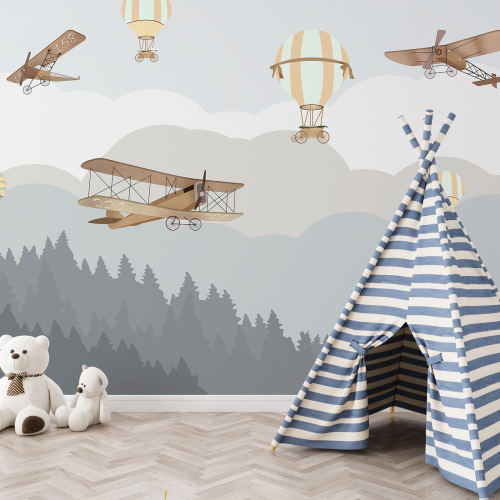 Papier peint panoramique Enfants - Avions Montgolfières