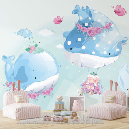 Papier peint panoramique Enfants - Baleines Fleurs