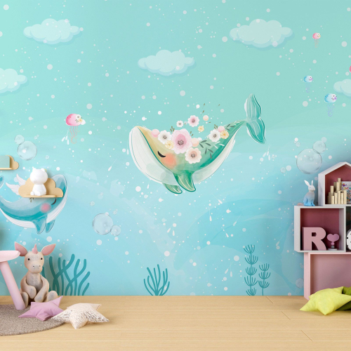 Papier peint panoramique Enfants - Baleines Fleurs