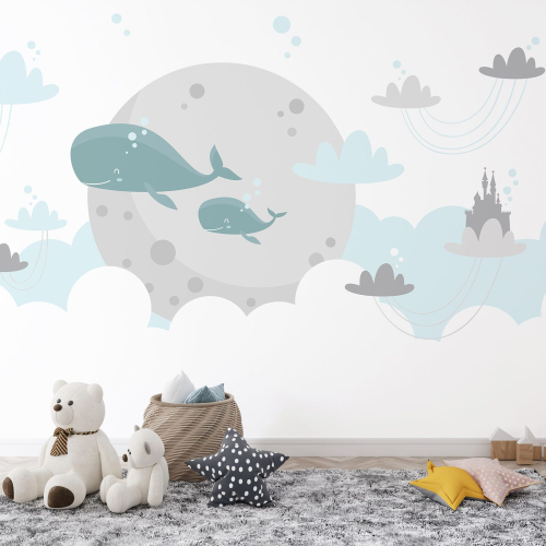 Papier peint panoramique Enfants - Baleines Lune