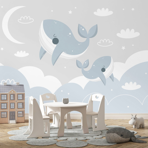 Papier peint panoramique Enfants - Baleines Lune