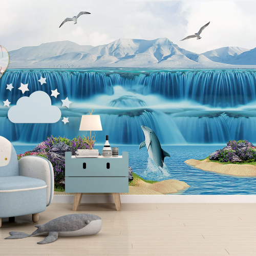Papier peint panoramique Enfants - Cascade Dauphins