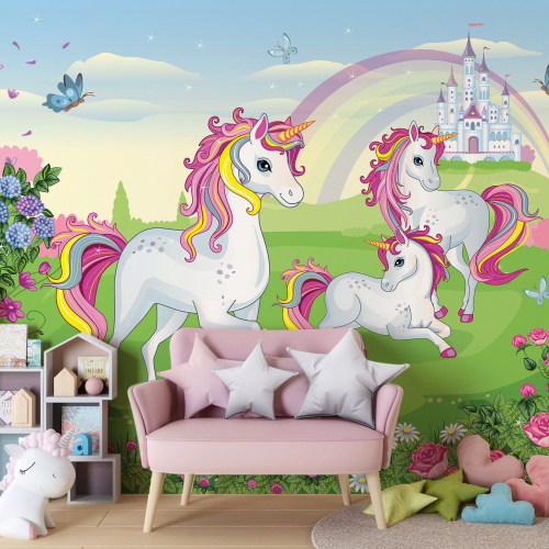 Papier peint panoramique Enfants - Château Licornes
