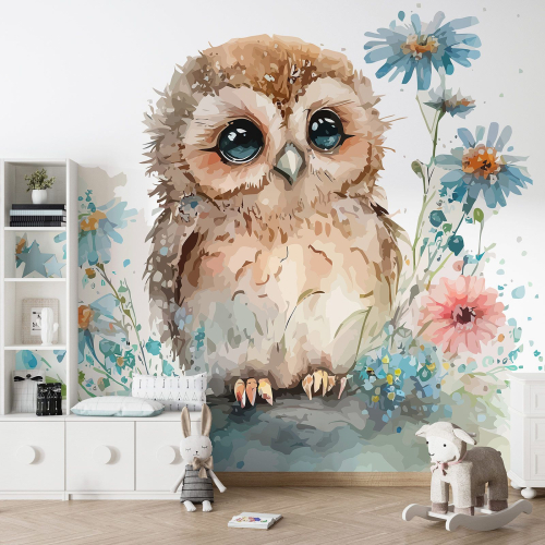 Papier peint panoramique Enfants - Chouette fleurs
