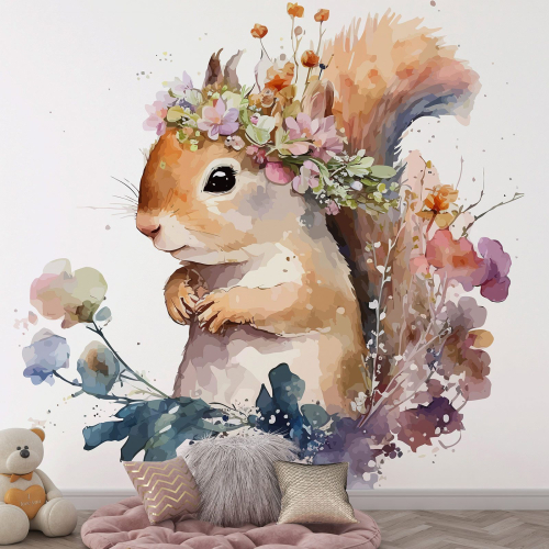 Papier peint panoramique Enfants - Écureuil fleurs