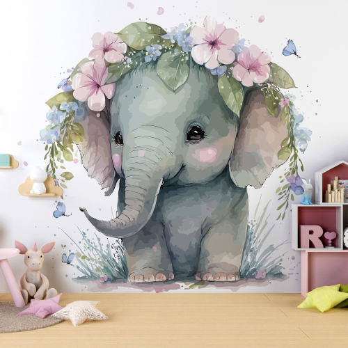 Papier peint panoramique Enfants - Eléphant Fleurs