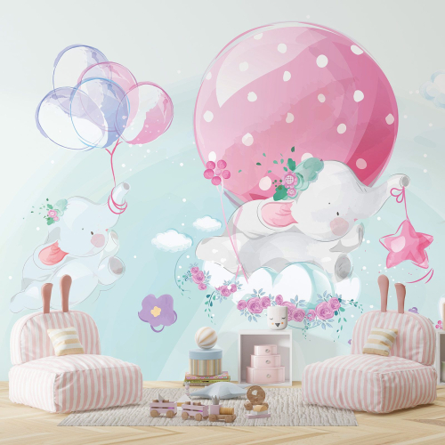 Papier peint panoramique Enfants - Éléphants Ballons