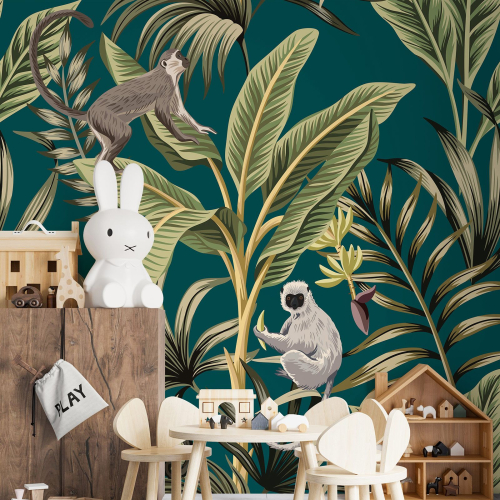 Papier peint panoramique Enfants - Feuilles tropicales Singes