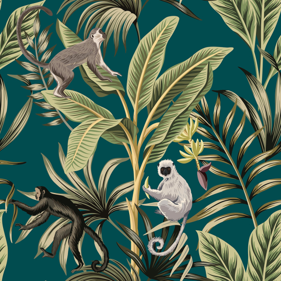 Papier peint panoramique Enfants - Feuilles tropicales Singes