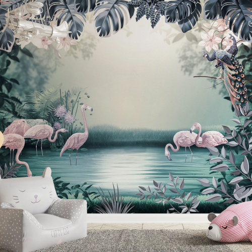 Papier peint panoramique Enfants - Flamant rose Fleurs