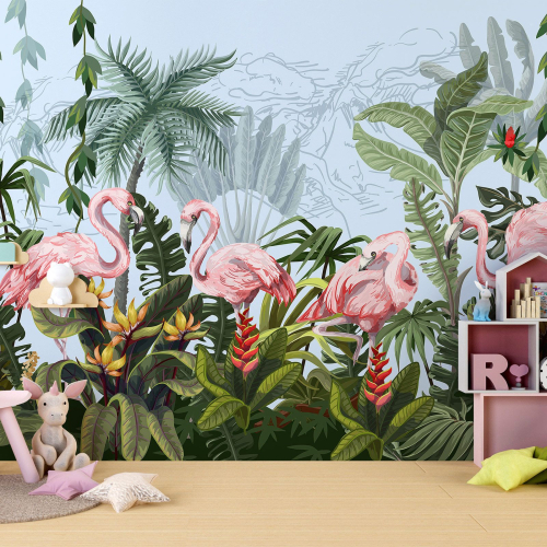Papier peint panoramique Enfants - Flamants roses